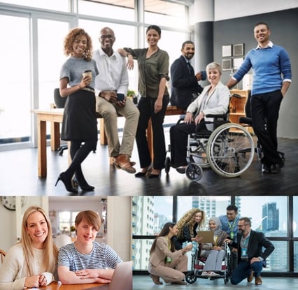 Collage including 3 photos - 1) Young girl with Down's Syndrome sitting with teacher posing at desk with PC, 2) Multicultural group of staff with one senior in wheelchair, and 3) Diverse group of staff crowded around a Muslim female in wheelchair looking at tablet.
